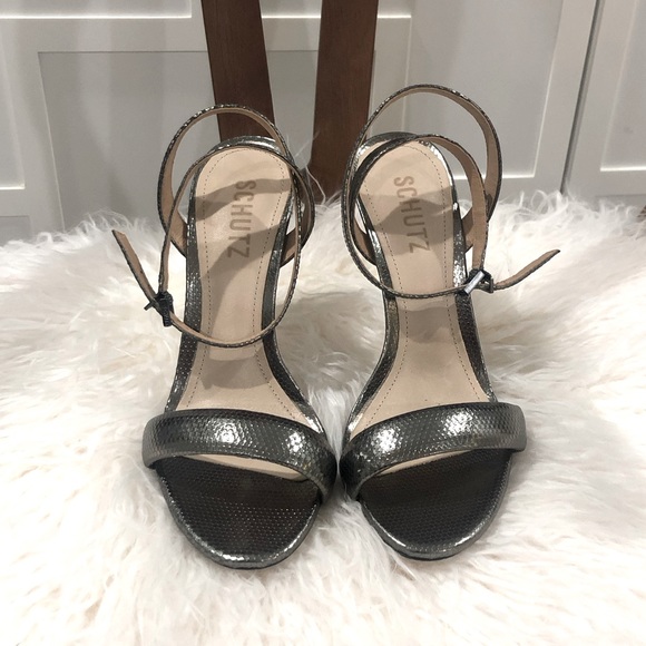 💥 SCHUTZ Metallic Silver Embossed Leather Heels Sz 36.5 - Picture 3 of 6